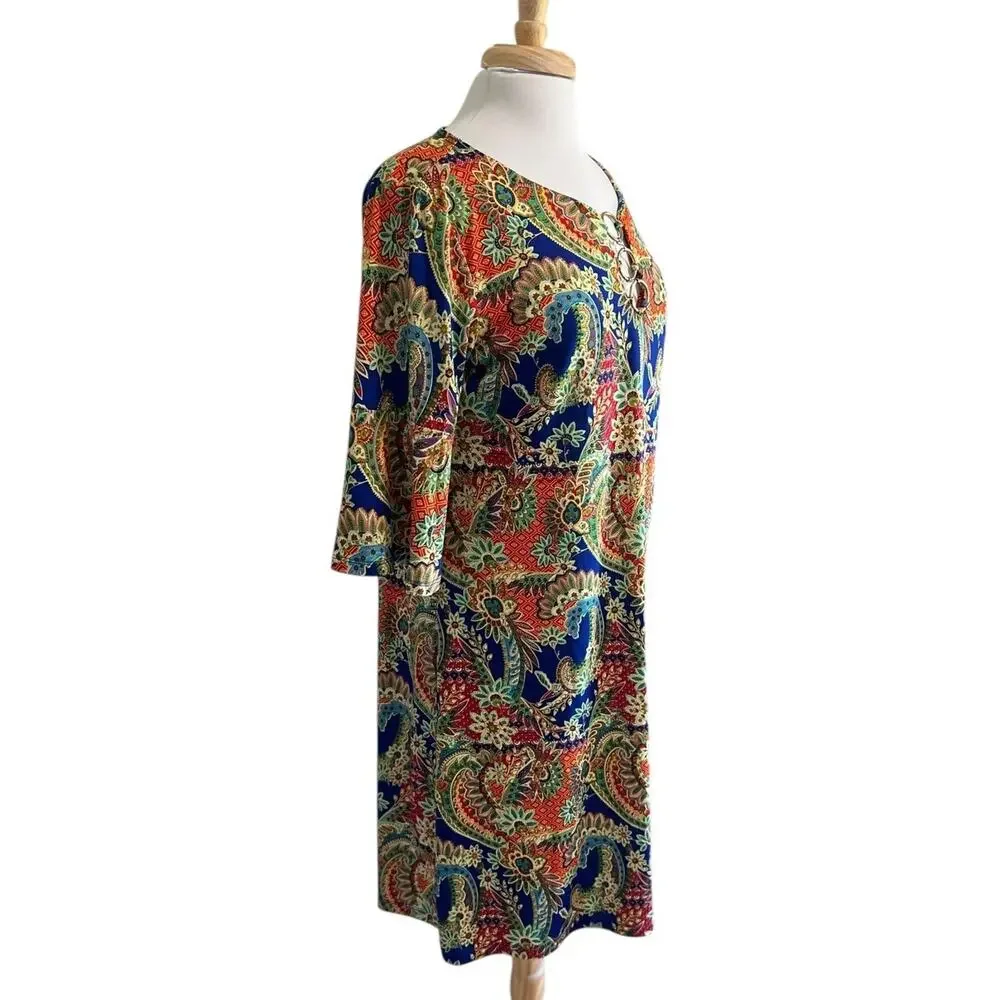 Ellen Weaver MIDI Dress Colorful Indie Boho 3/4 Flutter Sleeve Womens L